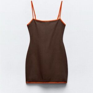 Brown Dress with red Trim piping